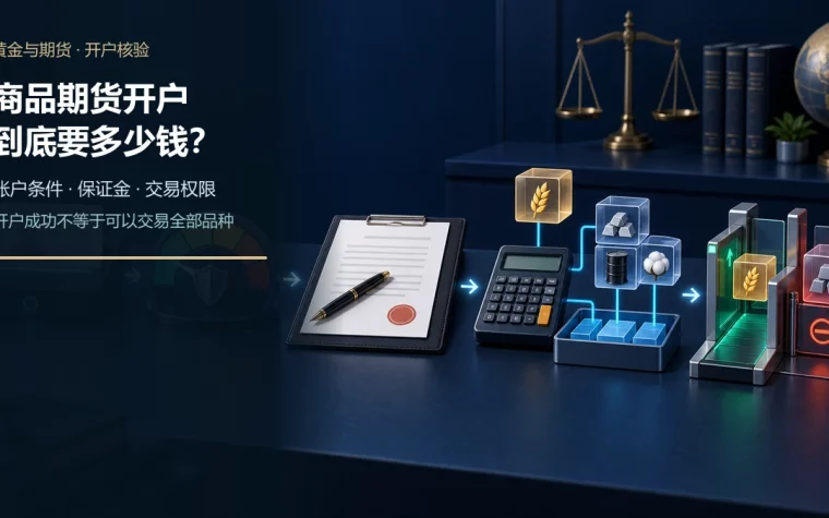 期货开户流程依次展示身份核验、风险测评、经纪合同、保证金计算和特定品种权限闸门的示意图