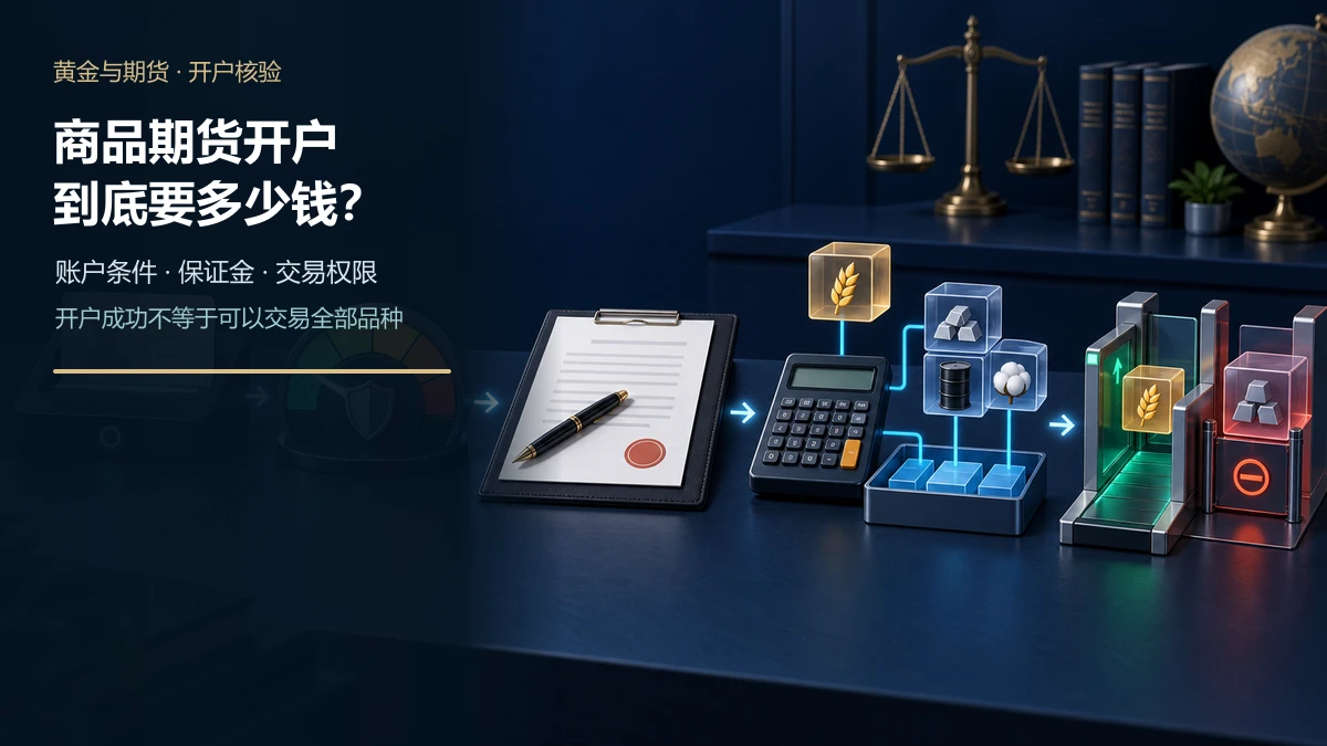 期货开户流程依次展示身份核验、风险测评、经纪合同、保证金计算和特定品种权限闸门的示意图