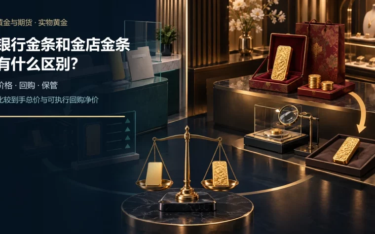银行标准投资金条与回购柜台对比金店工艺金条、工费标签和成色检测流程的示意图