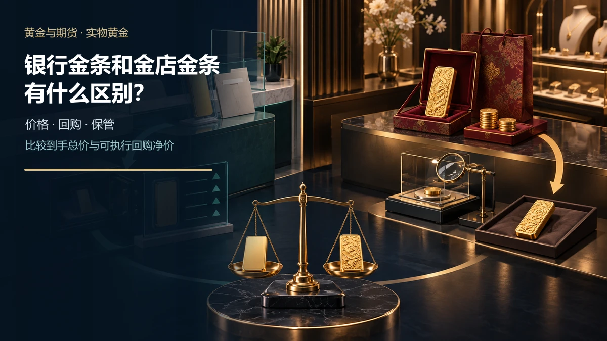 银行标准投资金条与回购柜台对比金店工艺金条、工费标签和成色检测流程的示意图