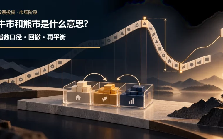 由多家企业图标组成的宽基指数路径先上升后从峰值跌至低点，峰谷回撤刻度旁为股票债券现金的分散配置盒与再平衡箭头