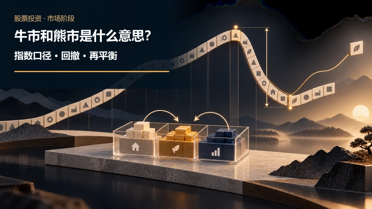 由多家企业图标组成的宽基指数路径先上升后从峰值跌至低点,峰谷回撤刻度旁为股票债券现金的分散配置盒与再平衡箭头
