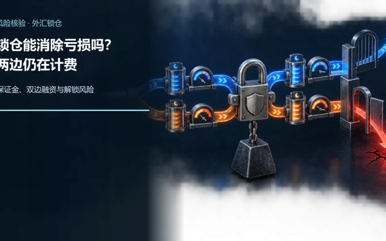 同一外汇头寸分成方向相反的蓝色多头与橙色空头并被锁扣连接，两边分别通过保证金仪表和费用计量器，解锁闸门重新暴露单边风险