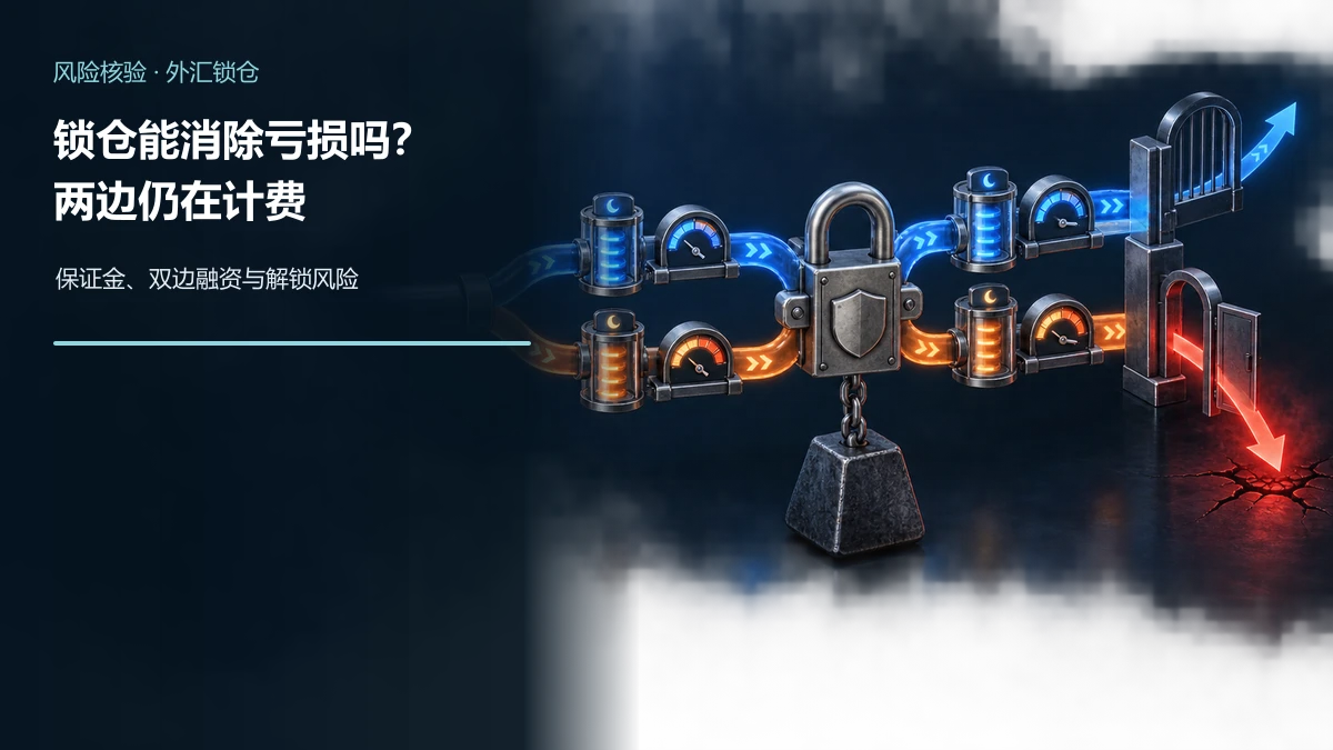 同一外汇头寸分成方向相反的蓝色多头与橙色空头并被锁扣连接，两边分别通过保证金仪表和费用计量器，解锁闸门重新暴露单边风险