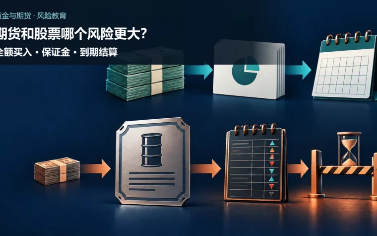上方全额现金流向股票权益卡和无固定到期日的日历，下方较少保证金流向期货合约、每日结算账本与到期闸门