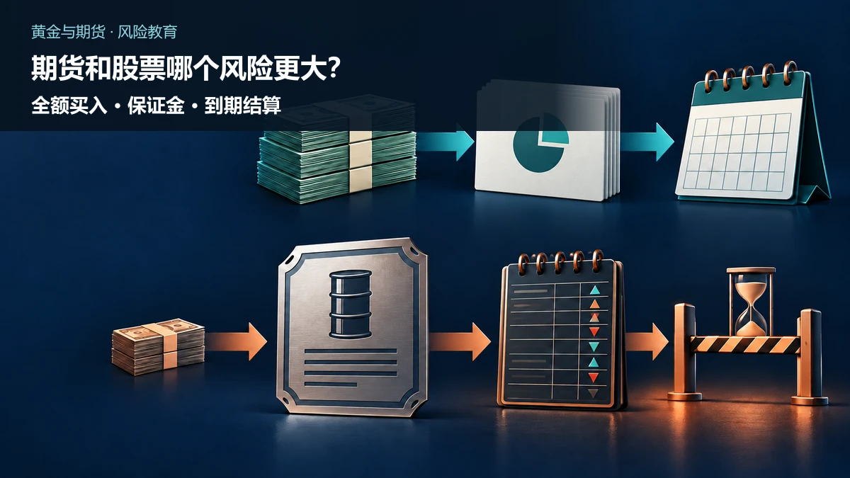 上方全额现金流向股票权益卡和无固定到期日的日历,下方较少保证金流向期货合约、每日结算账本与到期闸门