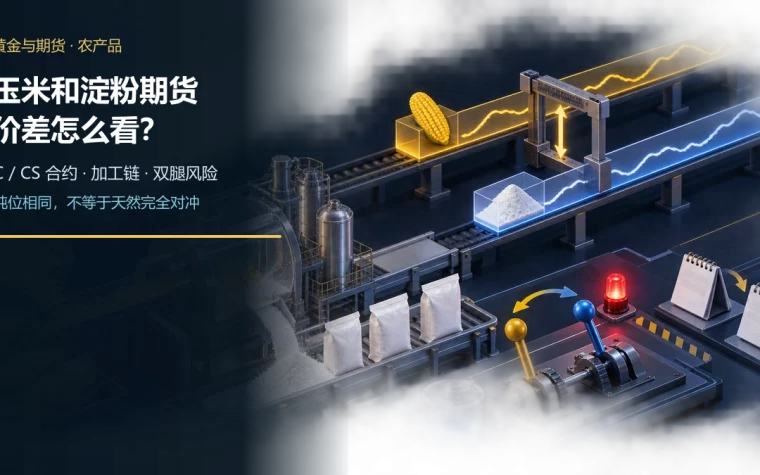 玉米原料流向淀粉成品并连接C与CS两条期货合约价轨，中央价差桥和双腿成交警示灯显示套利风险