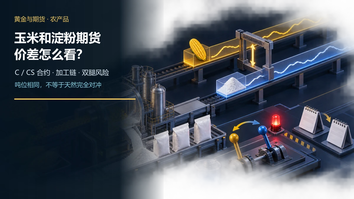 玉米原料流向淀粉成品并连接C与CS两条期货合约价轨,中央价差桥和双腿成交警示灯显示套利风险