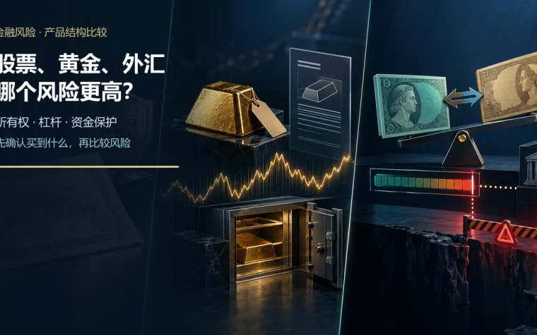 股票所有权凭证、实物黄金与杠杆外汇合约分别连接托管、价格和对手方风险路径的比较图