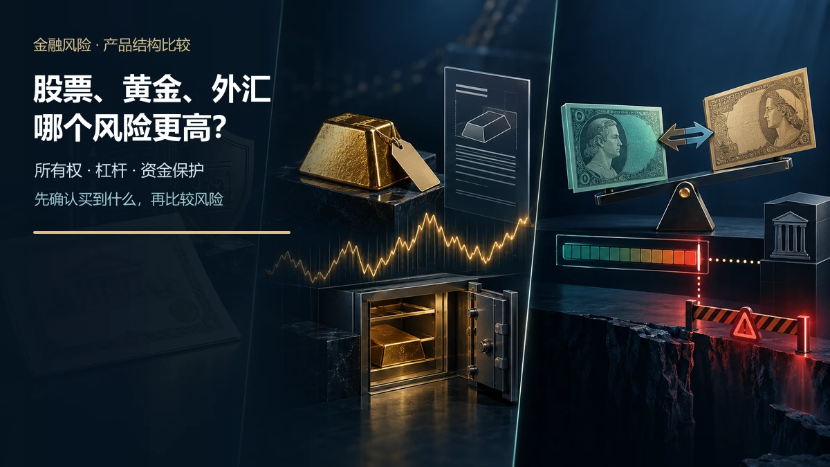 股票所有权凭证、实物黄金与杠杆外汇合约分别连接托管、价格和对手方风险路径的比较图