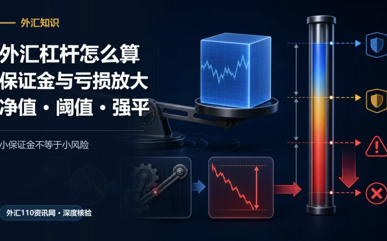 外汇杠杆中小额保证金控制大额头寸、净值下降与强平阈值示意