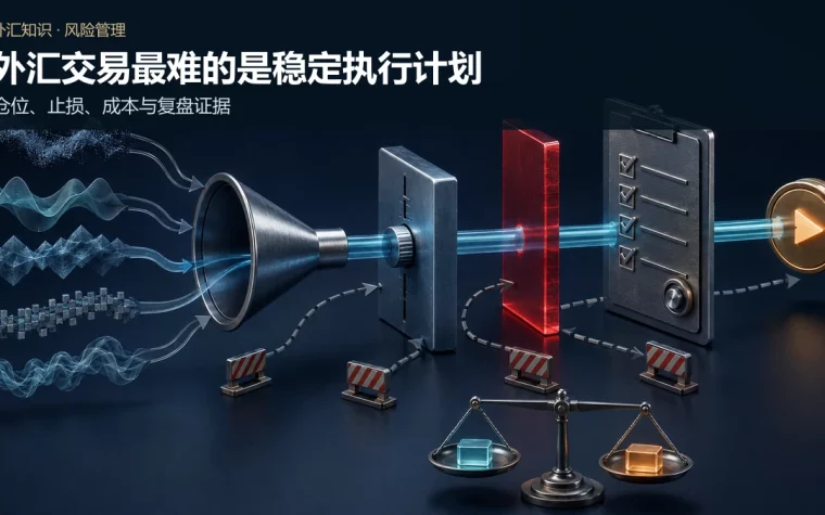 市场信号经过仓位模块、最大亏损红色边界和交易计划清单后形成交易指令，旁路冲动被路障阻断的示意图