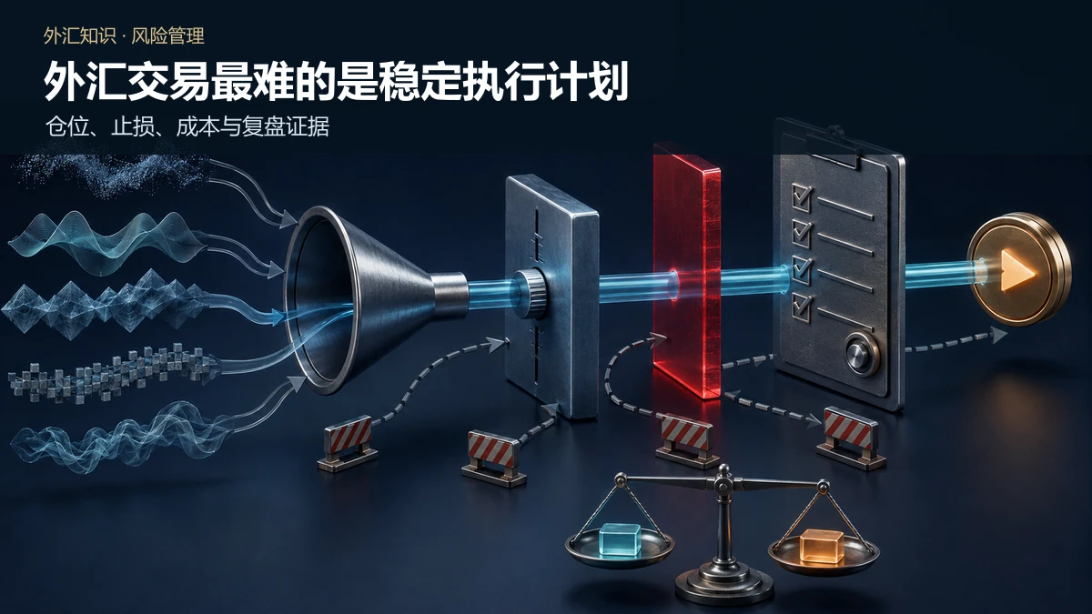 市场信号经过仓位模块、最大亏损红色边界和交易计划清单后形成交易指令,旁路冲动被路障阻断的示意图