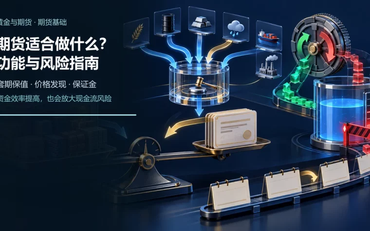 现货库存与反向期货合约形成套期保值路径，价格信息汇入发现机制并连接每日结算保证金槽的示意图