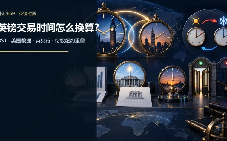 伦敦与纽约时钟重叠，并展示英国夏令时切换、数据发布、英央行决议、伦敦基准和周末关闭的示意图