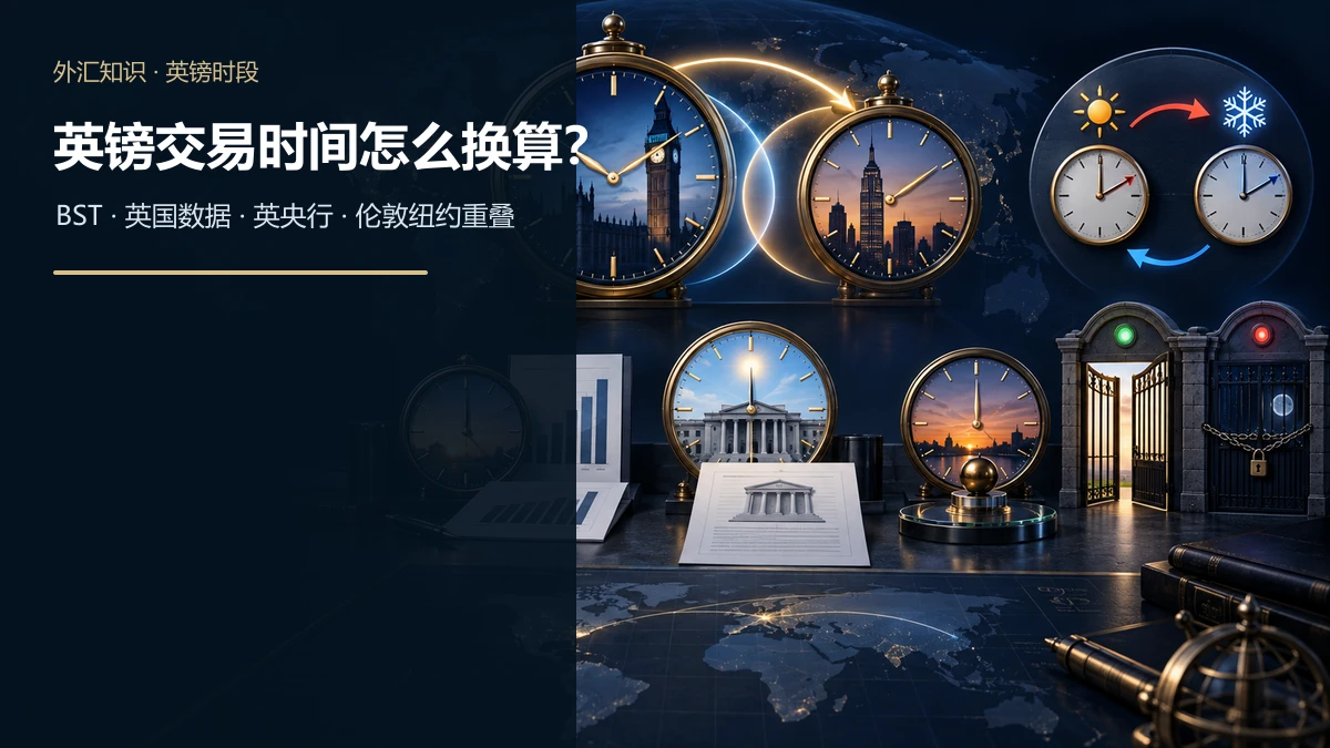 伦敦与纽约时钟重叠,并展示英国夏令时切换、数据发布、英央行决议、伦敦基准和周末关闭的示意图
