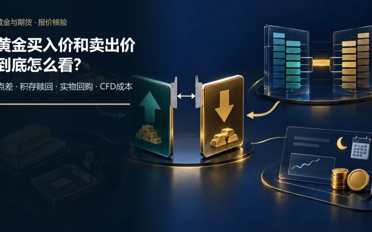 黄金双边报价板连接积存赎回、交易所订单簿、实物金回购检测和黄金CFD成本账单的示意图