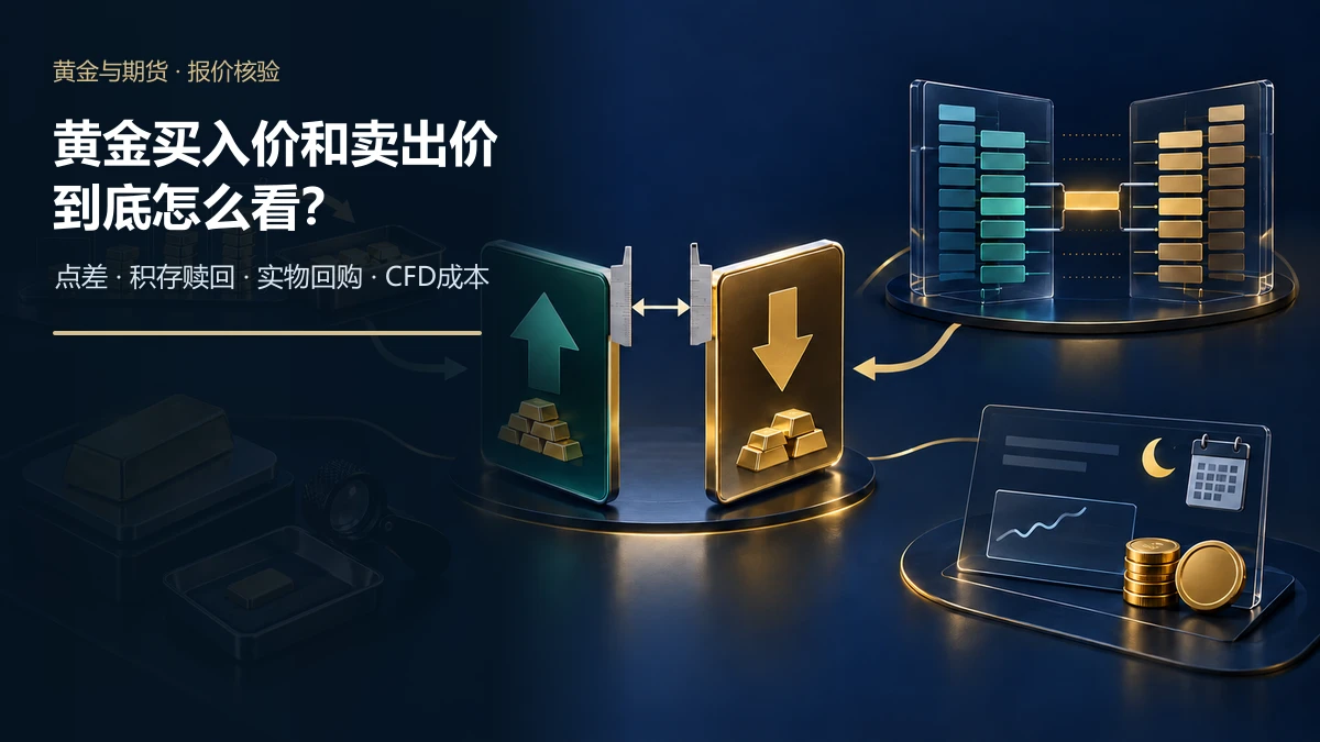 黄金双边报价板连接积存赎回、交易所订单簿、实物金回购检测和黄金CFD成本账单的示意图