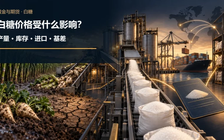 甘蔗和甜菜进入糖厂压榨并形成白糖库存，左侧风雨与干旱影响作物，右侧港口船运及期货合约卡代表进口和SR合约因素