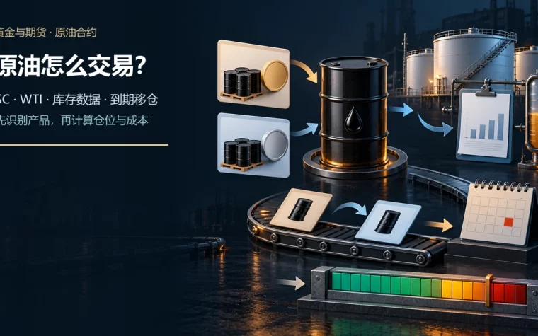 原油桶连接SC与WTI两份合约卡、EIA库存罐、到期移仓日历和保证金风险尺的示意图