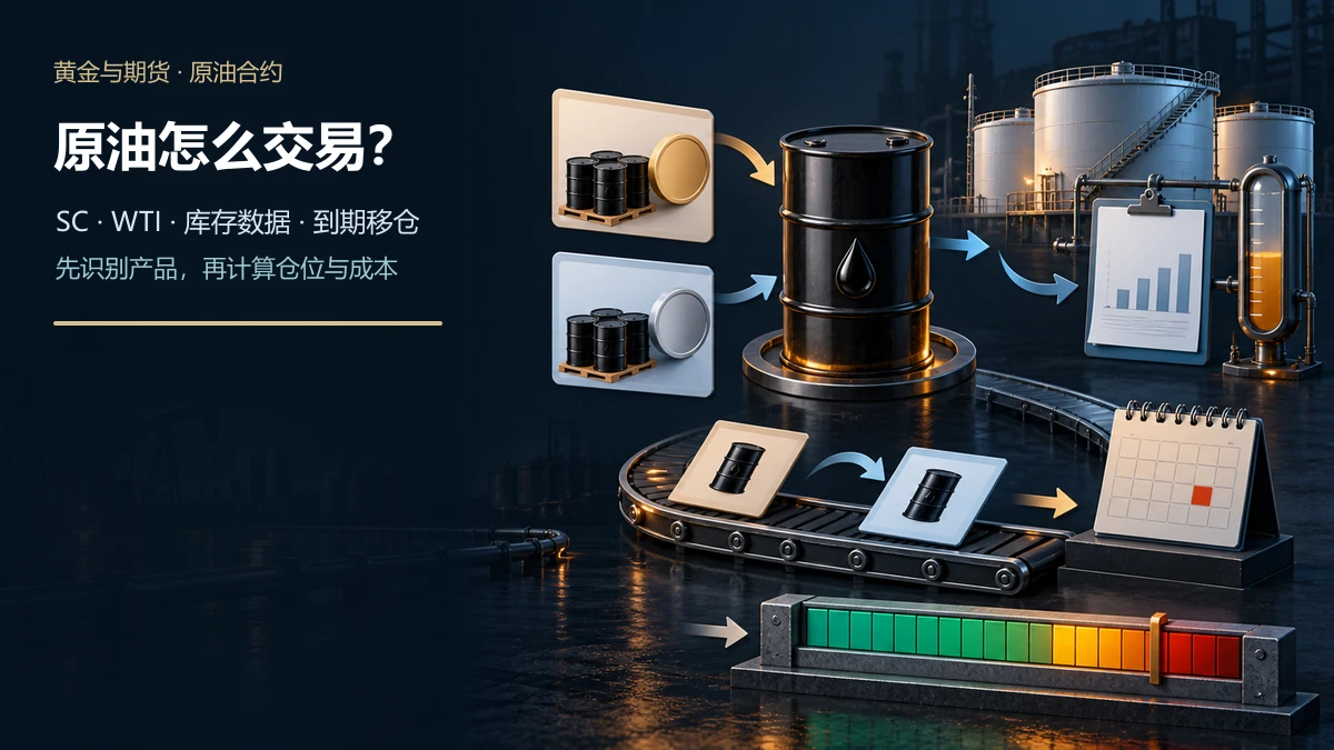 原油桶连接SC与WTI两份合约卡、EIA库存罐、到期移仓日历和保证金风险尺的示意图