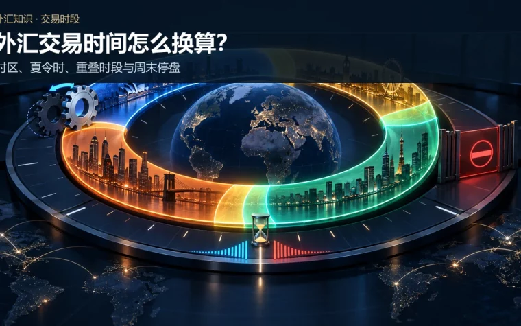 全球24小时环形交易时段由多个区域弧段衔接，并展示重叠窗口、夏令时齿轮、每日展期沙漏和周末关闭闸门的示意图
