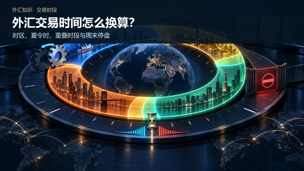 全球24小时环形交易时段由多个区域弧段衔接,并展示重叠窗口、夏令时齿轮、每日展期沙漏和周末关闭闸门的示意图