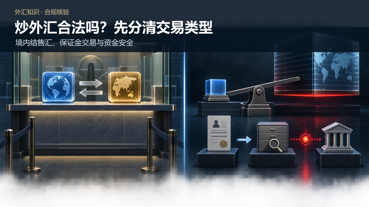 境内银行外币兑换与境外杠杆合约对比,并展示法律实体、监管登记和收款账户不一致警示的示意图