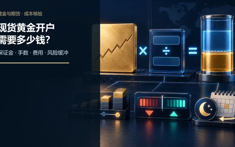 黄金CFD合约规模与手数通过保证金计算器形成占用资金，并显示自由保证金缓冲、点差和隔夜融资的示意图