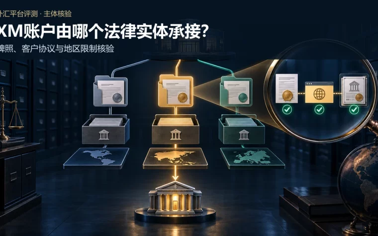 一个交易品牌分流至三个独立法律实体档案，并放大核对客户协议、官网域名、监管登记和收款路径的示意图