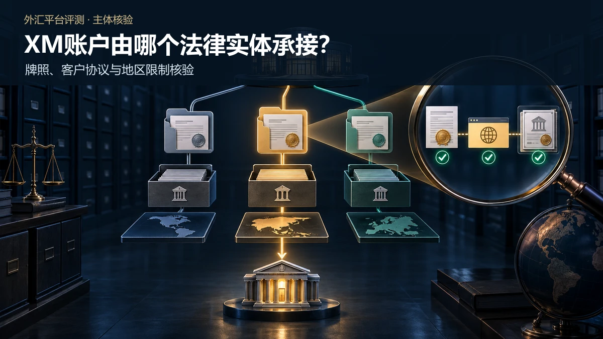 一个交易品牌分流至三个独立法律实体档案，并放大核对客户协议、官网域名、监管登记和收款路径的示意图