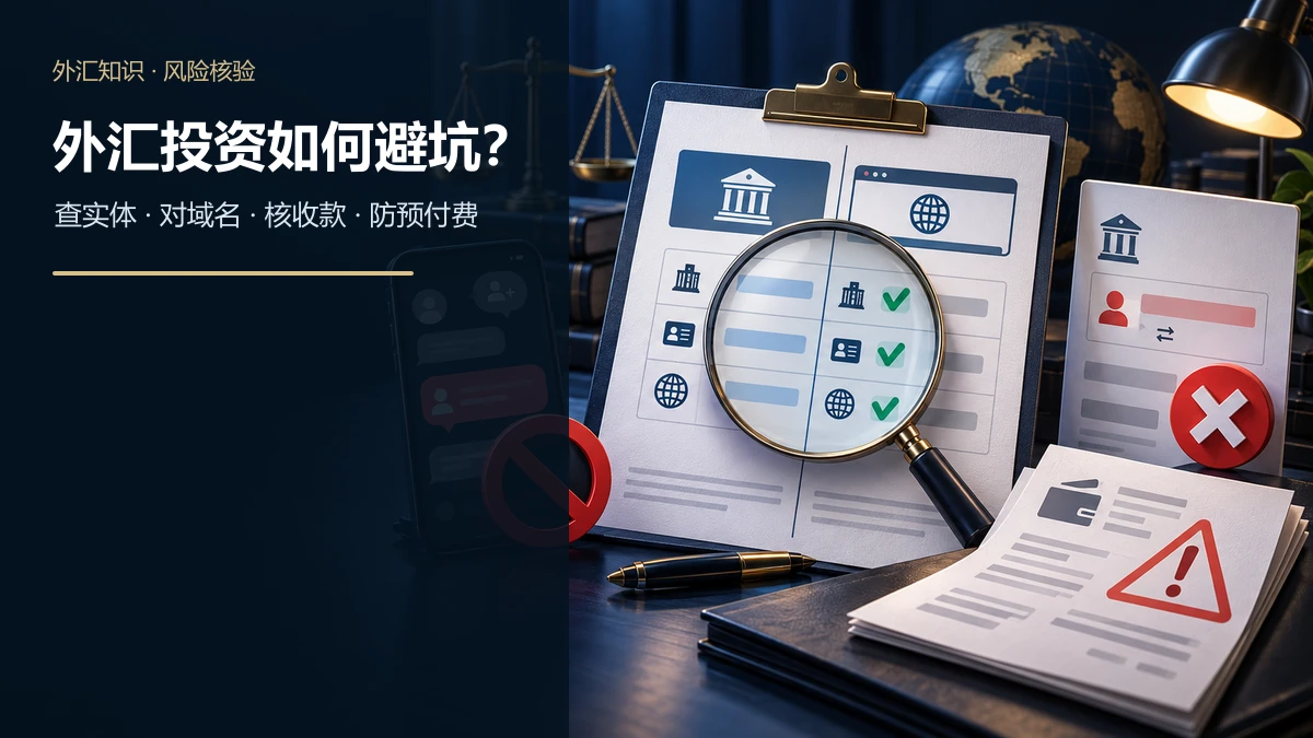 外汇平台开户前核对监管登记与官网域名,并拦截陌生荐盘、第三方收款和预付解冻费的风险示意图
