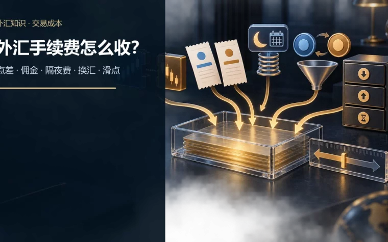 外汇买卖报价差、双边佣金、隔夜融资、货币转换和账户费用汇入完整成本账单的示意图