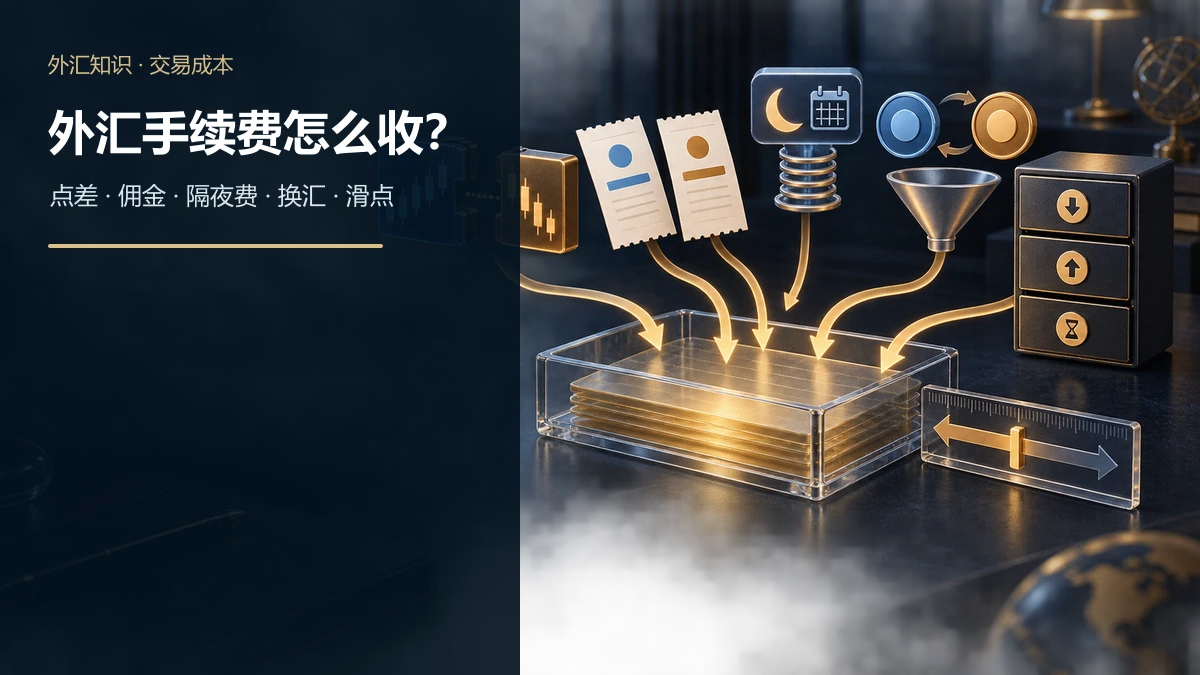 外汇买卖报价差、双边佣金、隔夜融资、货币转换和账户费用汇入完整成本账单的示意图