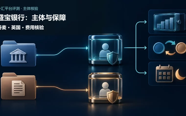 丹麦银行与英国投资公司两份独立实体档案分别连接客户账户，右侧分支显示托管、换汇和隔夜融资成本