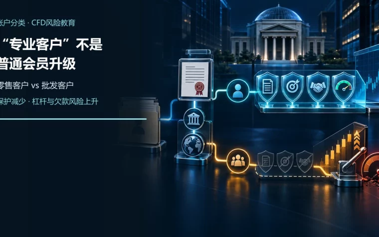 同一CFD开户档案在合规节点分为零售与批发客户路径，零售路径保留披露、目标市场、投诉和负余额保护，批发路径显示保护减少与杠杆风险上升