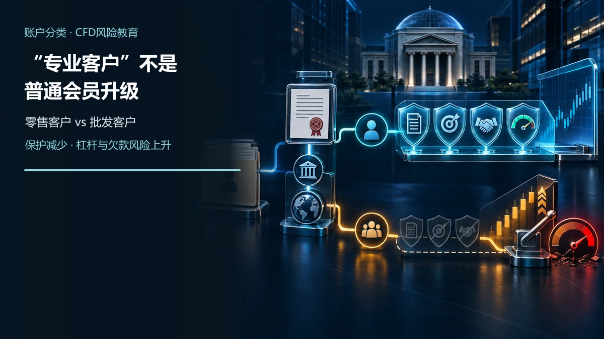 同一CFD开户档案在合规节点分为零售与批发客户路径,零售路径保留披露、目标市场、投诉和负余额保护,批发路径显示保护减少与杠杆风险上升
