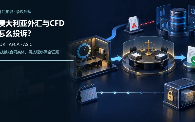 外汇与CFD投诉证据档案先进入交易商内部争议处理计时器，再流向AFCA调解桌，ASIC系统性举报通道独立分流