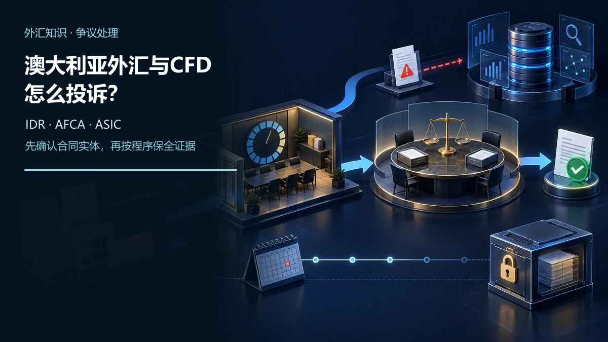 外汇与CFD投诉证据档案先进入交易商内部争议处理计时器，再流向AFCA调解桌，ASIC系统性举报通道独立分流