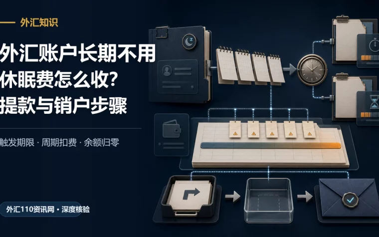 外汇账户长期不交易后，日历触发周期扣费并经过提款、余额归零和销户确认的流程示意图