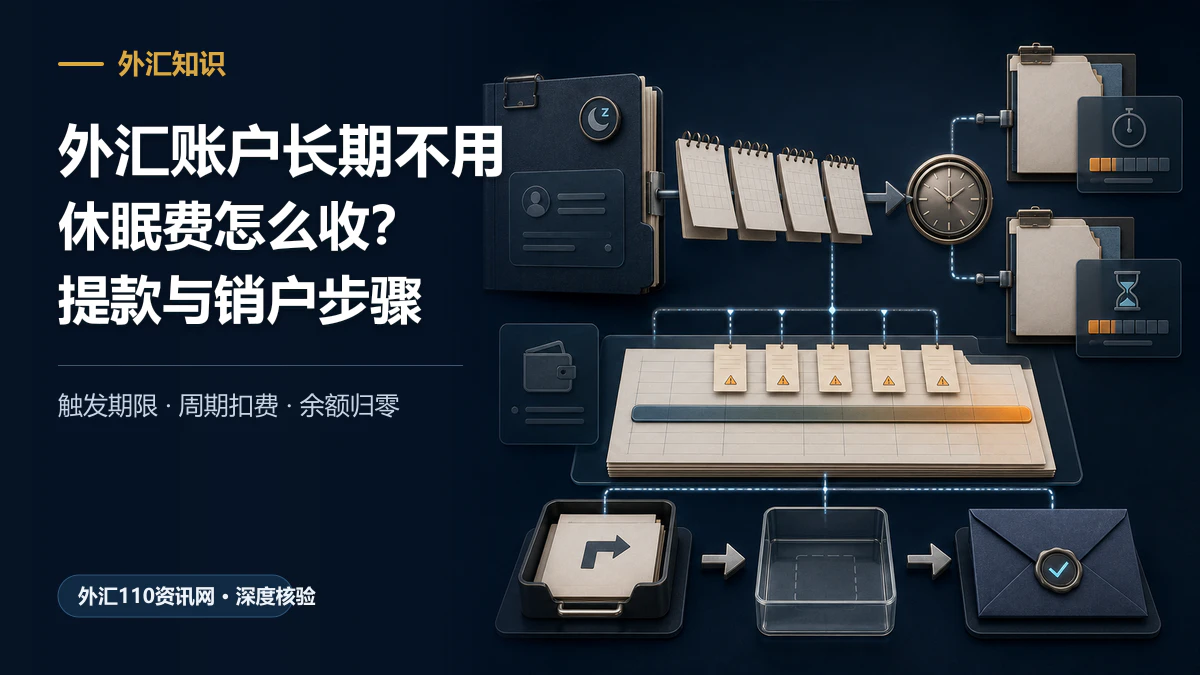 外汇账户长期不交易后,日历触发周期扣费并经过提款、余额归零和销户确认的流程示意图