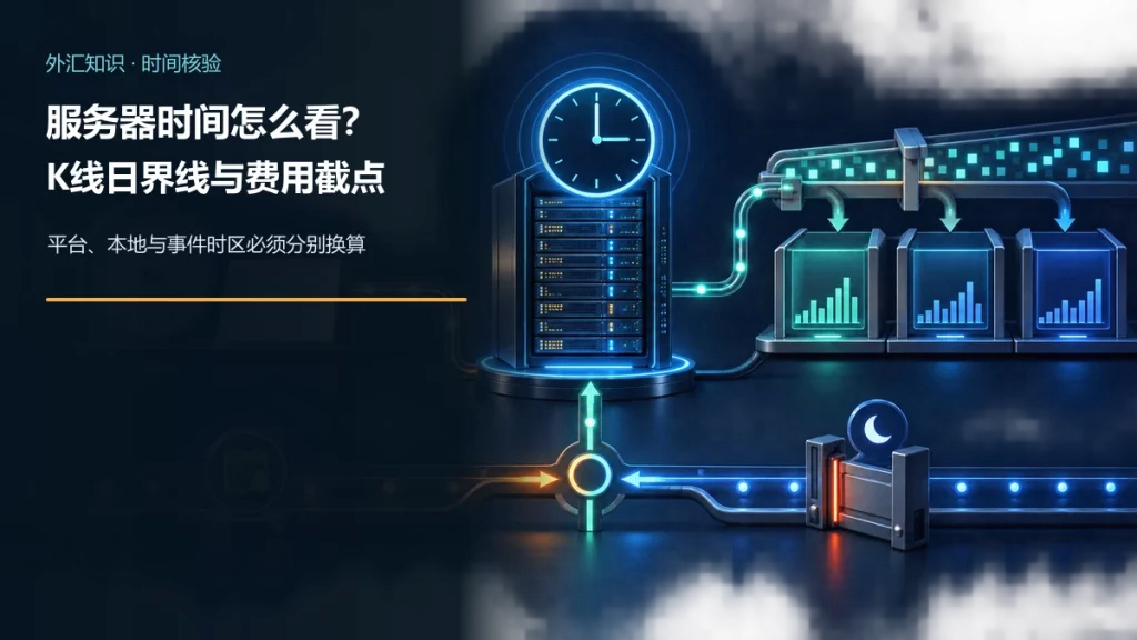 交易服务器时钟、本地时钟、K线日界线分段器、隔夜融资截点和事件时间轨的换算示意图