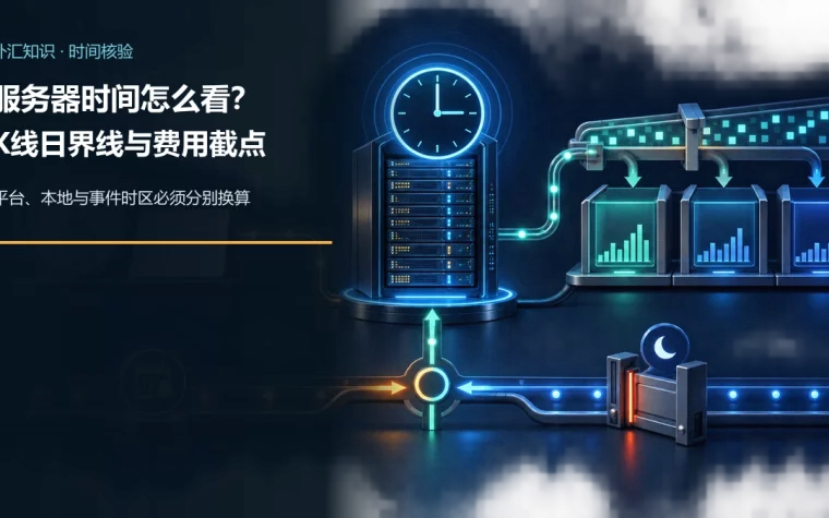 交易服务器时钟、本地时钟、K线日界线分段器、隔夜融资截点和事件时间轨的换算示意图