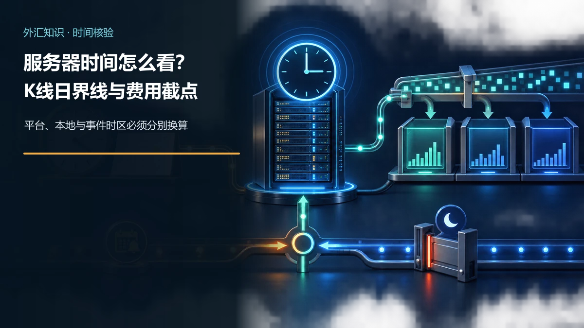 交易服务器时钟、本地时钟、K线日界线分段器、隔夜融资截点和事件时间轨的换算示意图