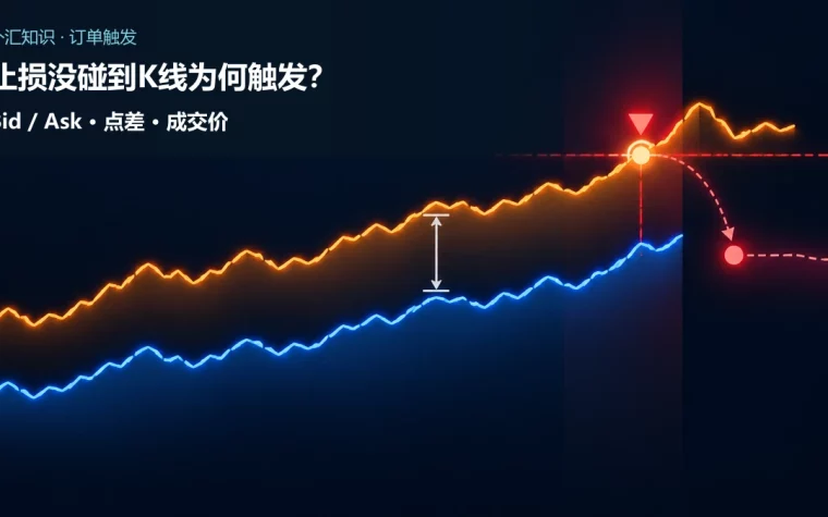 蓝色Bid报价轨仍低于止损水平，橙色Ask报价轨先碰到空头止损触发门，双轨间显示点差并分出成交路径