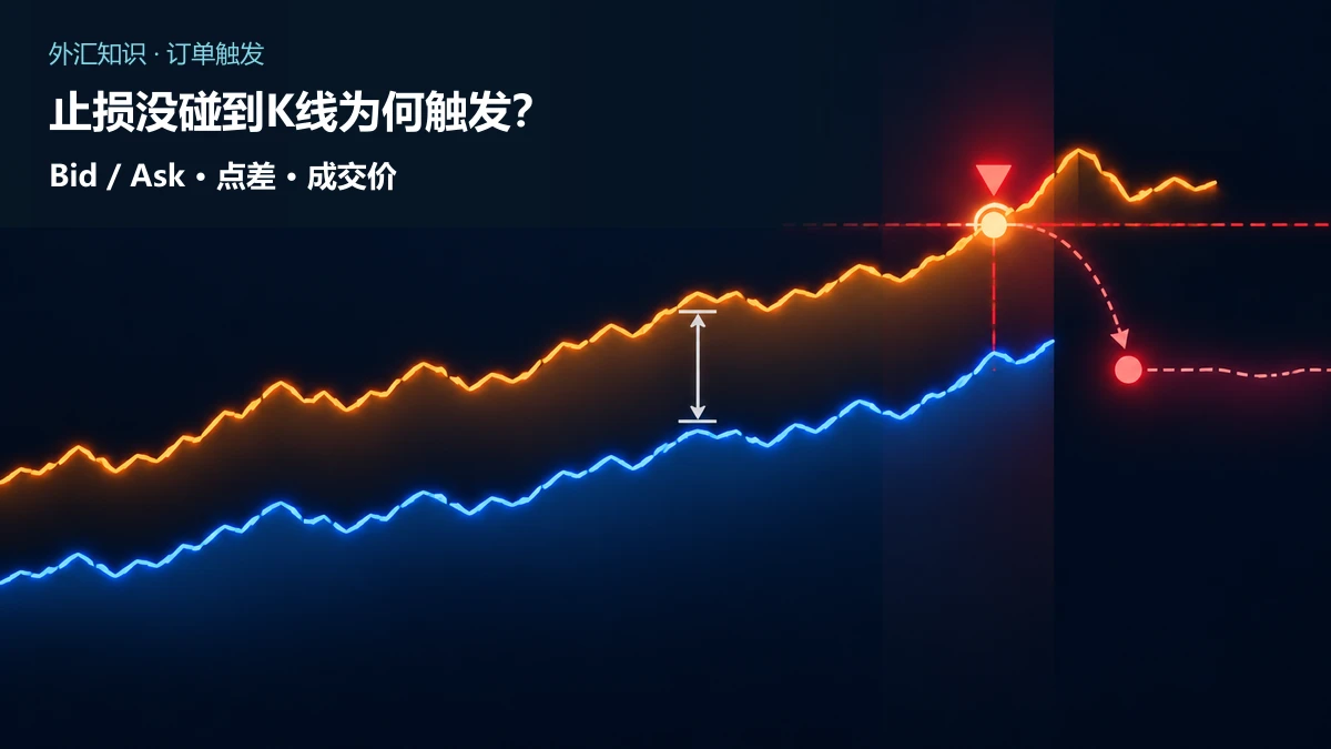 蓝色Bid报价轨仍低于止损水平，橙色Ask报价轨先碰到空头止损触发门，双轨间显示点差并分出成交路径