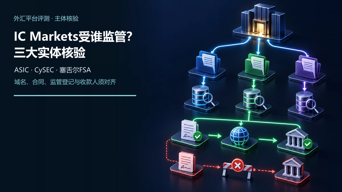 三个独立法律实体档案分别连接澳大利亚ASIC、塞浦路斯CySEC和塞舌尔FSA监管登记,并汇入开户协议与收款主体核验台