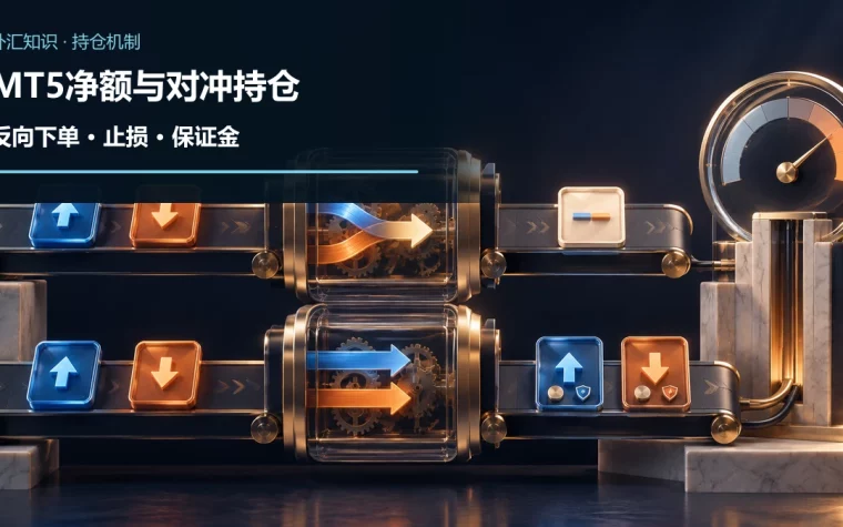 上方买入和卖出订单进入净额处理舱后合并为一张净仓卡，下方相同订单经对冲处理舱保留两张独立仓位卡，右侧为保证金仪表