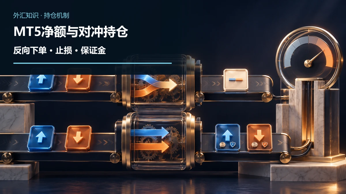 上方买入和卖出订单进入净额处理舱后合并为一张净仓卡，下方相同订单经对冲处理舱保留两张独立仓位卡，右侧为保证金仪表