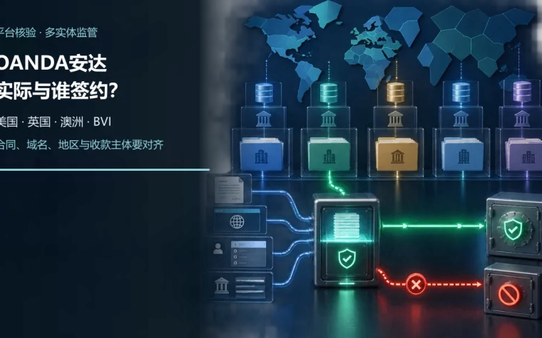 五个独立法律实体档案分别连接不同监管登记库，客户合同、官网域名、开户地区和收款主体通过一致性扫描器后分为匹配与拦截路径